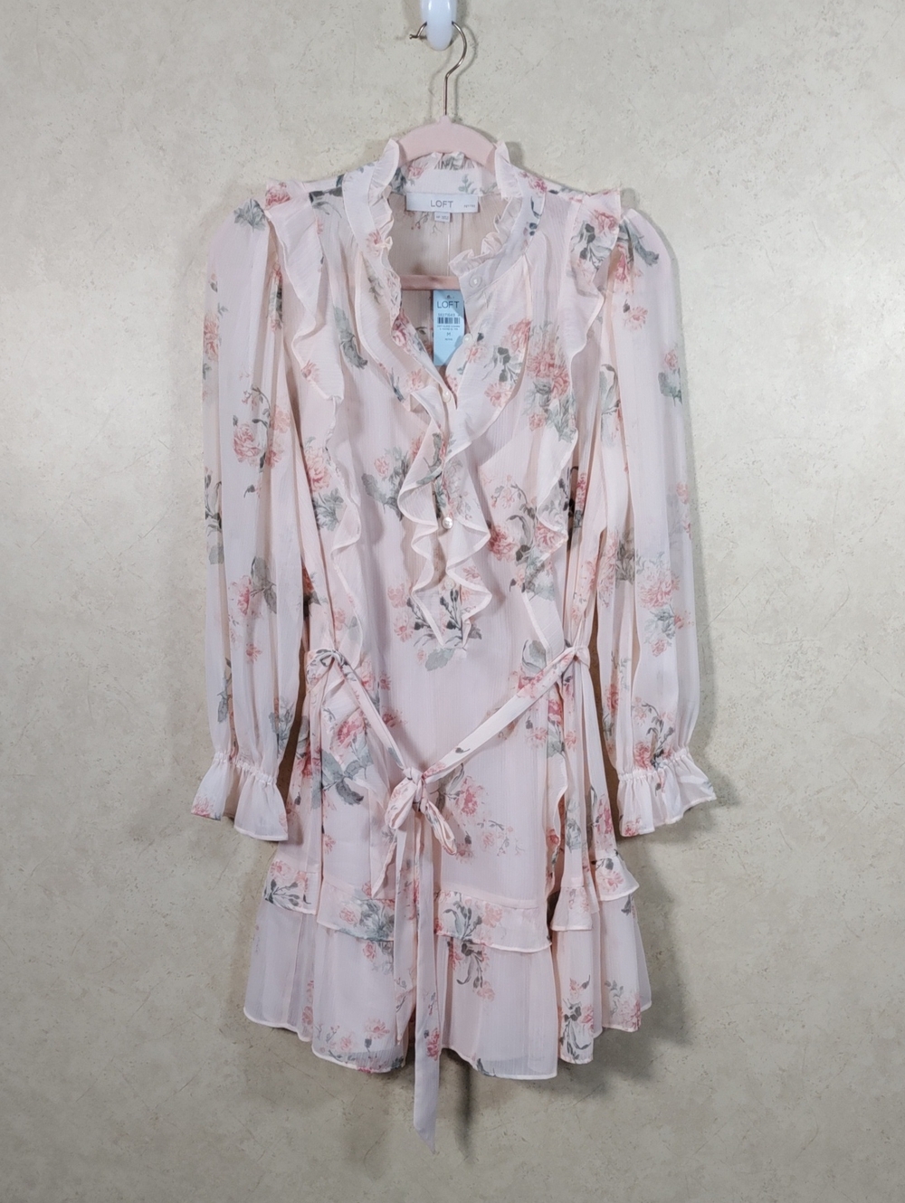 H150 LOFT pastel peach floral print L/S ruffle dress with slip lining MP NWT